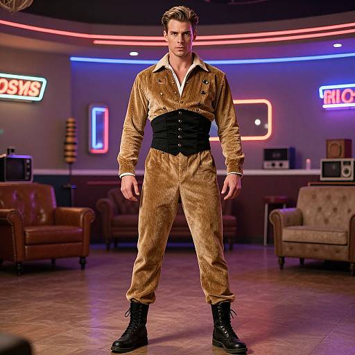 Photograph of a confident, muscular man with short brown hair, wearing a gold corduroy jumpsuit with black belt, black boots, standing in