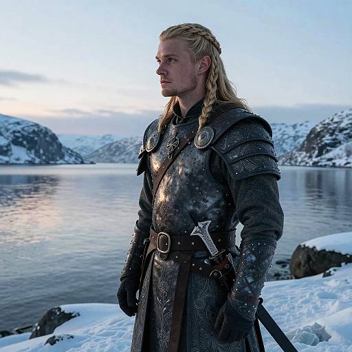 Photograph of a blonde Viking warrior in detailed, metallic armor standing on snowy shore, gazing at icy lake with snow-capped mountains in background at