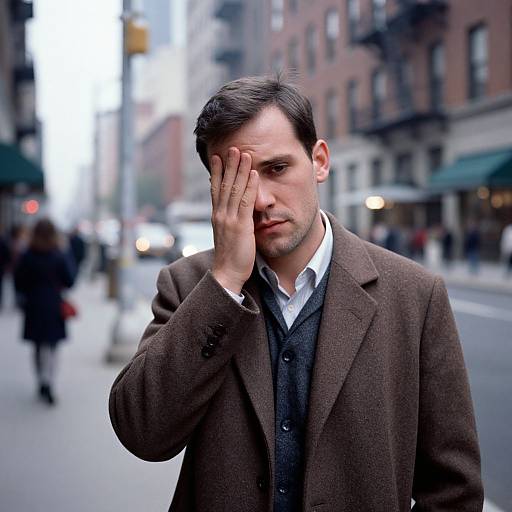 Photograph of a serious Caucasian man with dark hair, wearing a brown blazer over a white shirt, covering his forehead with his hand on a busy