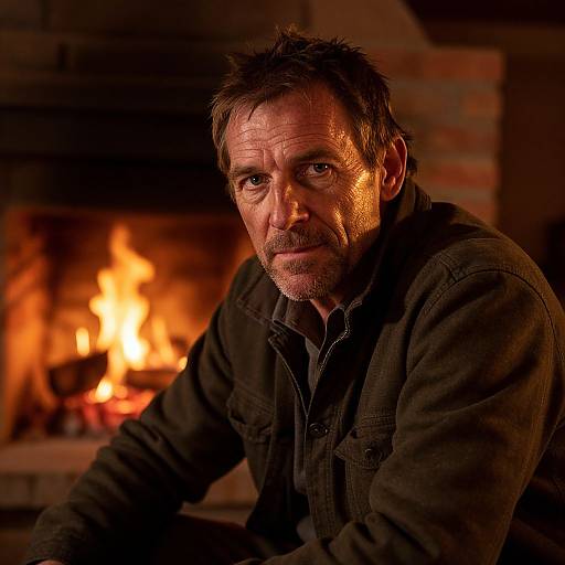Photograph of a middle-aged man with short, tousled brown hair and stubble, wearing a dark jacket, sitting by a glowing fireplace, illuminated