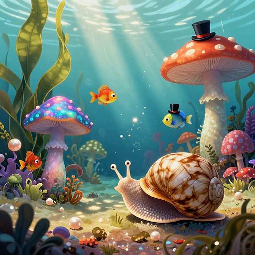 Vibrant underwater scene with colorful fish, a snail, and whimsical, polka-dotted mushrooms, illuminated by sunbeams, surrounded