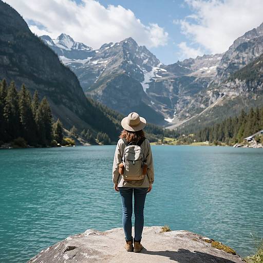 Woman Traveler by Mountain Lake