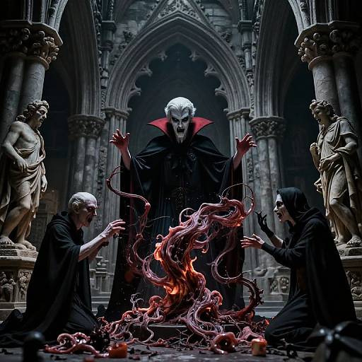 Digital art: Gothic cathedral scene with three hooded figures, one with white hair, surrounded by fire and tentacles, flanked by stone statues.