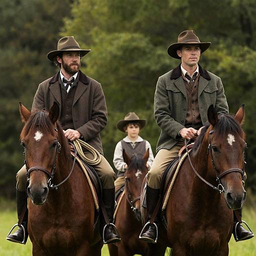 Family Riding Horses in a Lush Forest