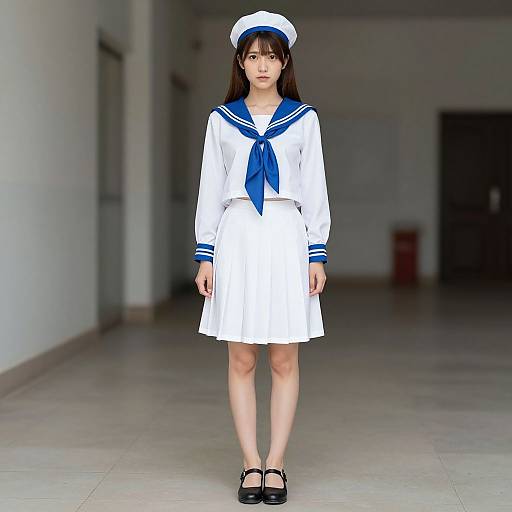 Photograph of an Asian woman with long black hair, wearing a white sailor dress with blue trim, blue neckerchief, and matching hat, standing