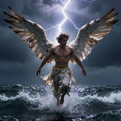 Photograph-like digital artwork of a muscular, shirtless angel with large, feathered wings, emerging from stormy ocean waves, illuminated by lightning in