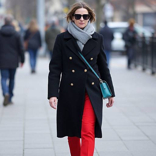 Photograph of a woman in a black double-breasted coat, gray scarf, red pants, black sunglasses, and teal crossbody bag, walking on