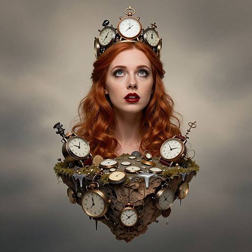 Digital artwork of a red-haired woman with pale skin, wearing a crown of clocks, gazing upward, with clock faces floating below.