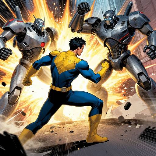 Dynamic comic book illustration of a muscular superhero in blue and yellow suit, fighting two metallic robots with bright explosions in urban alley.