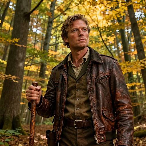 Photograph of rugged, blonde-haired man in worn brown leather jacket and green shirt, gripping wooden cane in autumn forest.