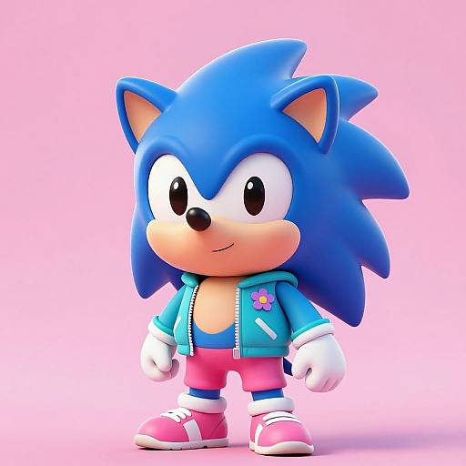 3D CGI image of Sonic the Hedgehog with blue quills, wearing a turquoise hoodie, pink shorts, white gloves, and pink shoes, against