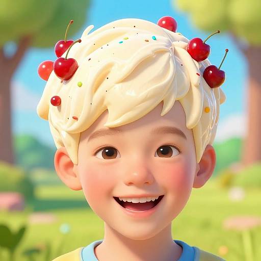 Digital CGI image of a smiling blonde boy with whipped cream on his head, adorned with red cherries, in a sunny, green park background.