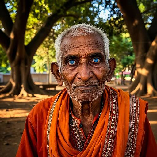 Photograph of an elderly Indian man with blue eyes, white hair, and deep wrinkles, wearing an orange traditional garment with intricate patterns, standing in a