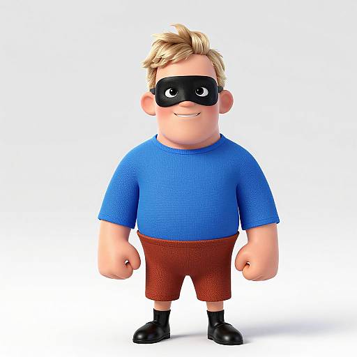 Cartoon-style CGI of a chubby, blonde boy with a black mask, blue shirt, red shorts, and black shoes, standing against a white background