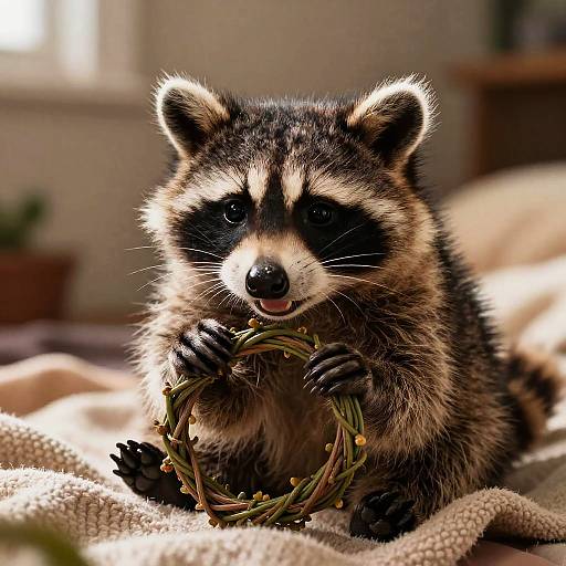 Photorealistic image of a cute, fluffy raccoon with black and brown fur, holding a green twig with small yellow flowers, sitting on a textured