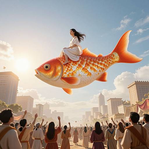 Digital illustration of an Asian woman with long black hair, wearing a white kimono, riding a giant orange koi fish above a cheering crowd in a