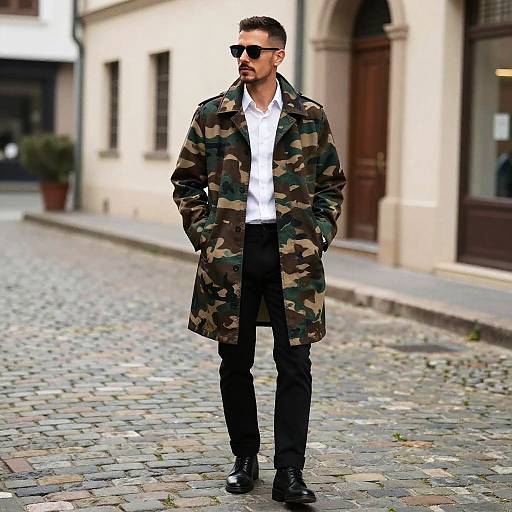 Stylish Man in Camouflage Coat on Cobblestone Street
