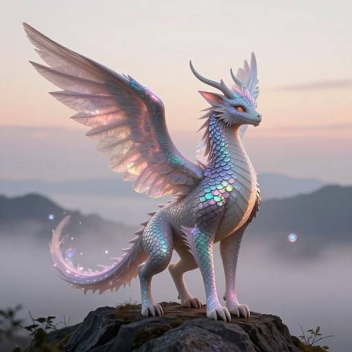 Digital art of a majestic, iridescent dragon with glowing wings and scales, standing on a rocky peak at sunrise.