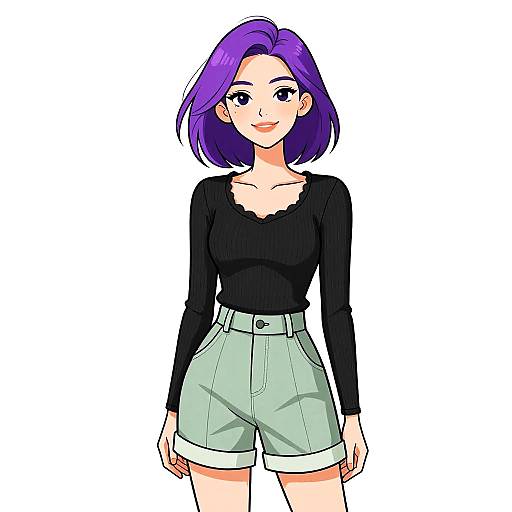 Anime-style digital illustration of a cute, purple-haired woman with a black long-sleeve top and light green high-waisted shorts, standing against