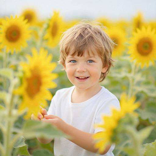 Photograph of a smiling, brown-haired toddler in a white shirt, standing in a vibrant sunflower field, with sunflowers in the foreground and background
