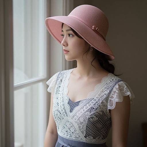 Photograph of an Asian woman with fair skin, wearing a pink wide-brimmed hat and a white lace dress, gazing out a sunlit