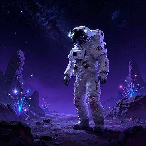 Digital artwork of a lone astronaut in a white spacesuit with a black visor, standing on a glowing, purple-hued alien landscape. Starry