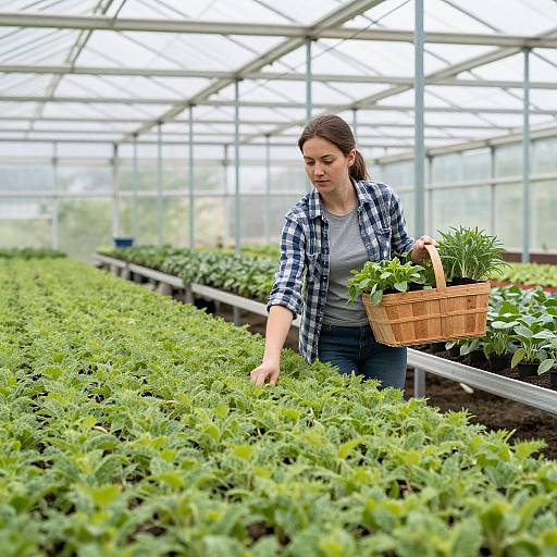 Woman Harvesting Seedlings in Greenhouse