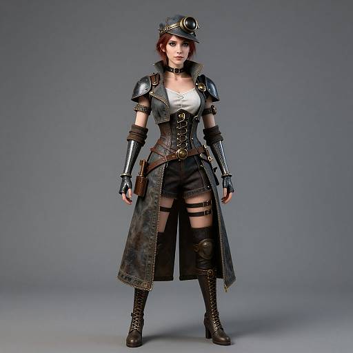 Digital CGI of a red-haired woman in steampunk attire, wearing a black leather coat, armor shoulder pads, goggles, and boots, with a