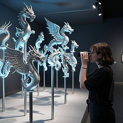 Photograph of a woman with glasses and short brown hair observing glowing, metallic dragon sculptures in a dark, illuminated gallery.