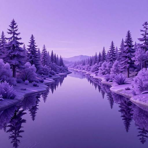 Photograph of a serene, purple-hued forest river reflecting tall evergreen trees and misty mountains under a bright, lavender sky.