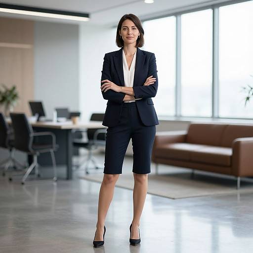Photograph of a confident, dark-haired woman in a black blazer and knee-length skirt, standing with arms crossed in a bright, modern office.
