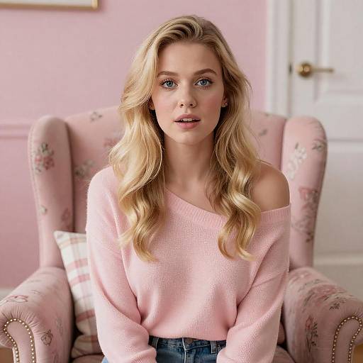 Blonde Woman in Pink Sweater Sitting on Floral Armchair