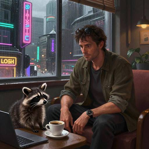 Photograph of a curly-haired man in a green jacket, sitting in a rainy city café, with a raccoon on his table, coffee cup,