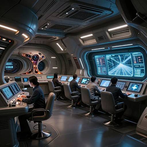 Photograph of a futuristic spaceship cockpit with four male astronauts in dark uniforms, working on illuminated control panels, surrounded by blue holographic displays and sleek,