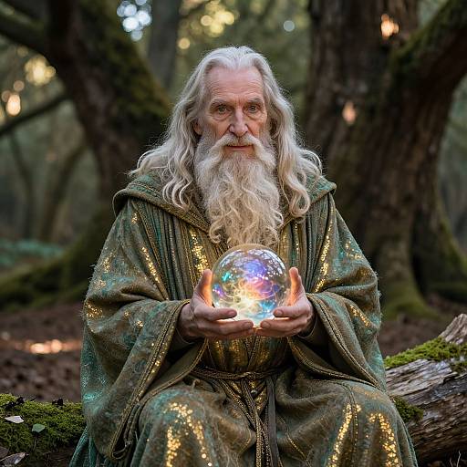 Photograph of an elderly, white-bearded wizard in a green, sparkly robe holding a glowing, iridescent crystal in a misty forest