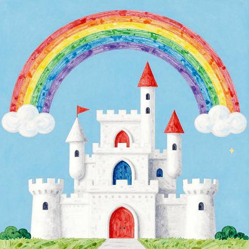 Colorful digital drawing of a white castle with red roofs and doors, under a vibrant rainbow arching over a blue sky with fluffy clouds.