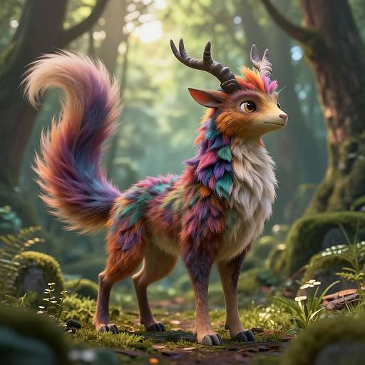 Digital artwork of a colorful, fluffy, fantasy creature with antlers, rainbow fur, and large eyes standing in a sunlit forest.