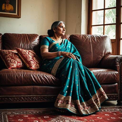 Middle-aged Indian Woman in Embroidered Saree Sitting on Leather Sofa
