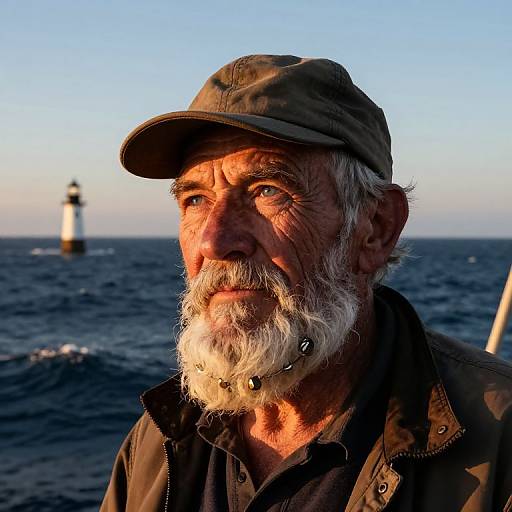 Photograph of an elderly white man with a white beard, wearing a green cap and jacket, standing by a sea with a lighthouse in the background