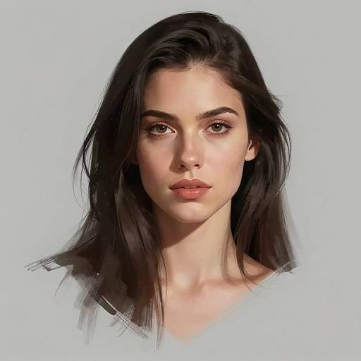 Digital portrait of a young woman with fair skin, dark brown eyes, and long black hair, looking directly at the viewer.