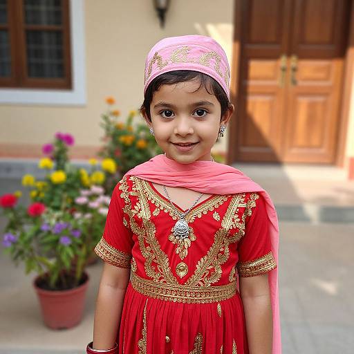 Photograph of a young girl with dark hair, wearing a pink and gold embroidered red dress and matching pink headscarf, standing in front of a
