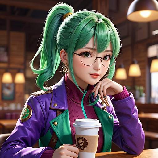 Digital anime-style drawing of a green-haired girl with glasses, wearing a purple jacket over a maroon turtleneck, holding a coffee cup in a