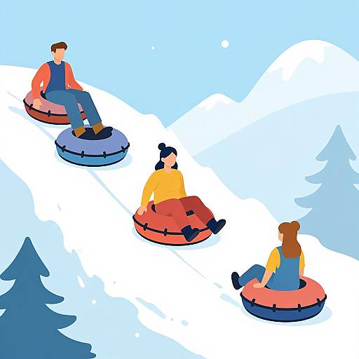 Digital illustration of four people in colorful inflatable tubes, floating on a snowy landscape with silhouetted pine trees.