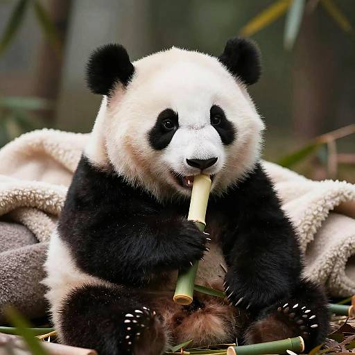 Photograph of a cute, young black-and-white panda cub sitting on a beige blanket, biting a green bamboo stalk in a forested background.