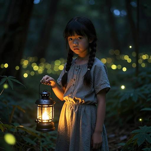 Brave Girl with Lantern Among Fireflies