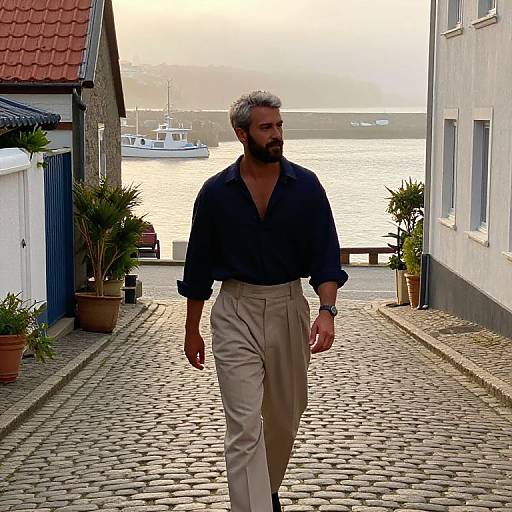 Photograph of a bearded man with gray hair, wearing a dark blue shirt and beige pants, walking on a cobblestone street beside a waterfront