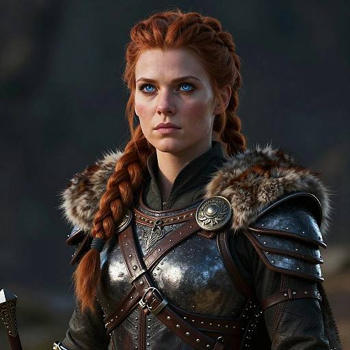 Photograph of a red-haired woman with braided hair, wearing shiny silver armor with fur trim, and intense blue eyes, in a dark, dramatic