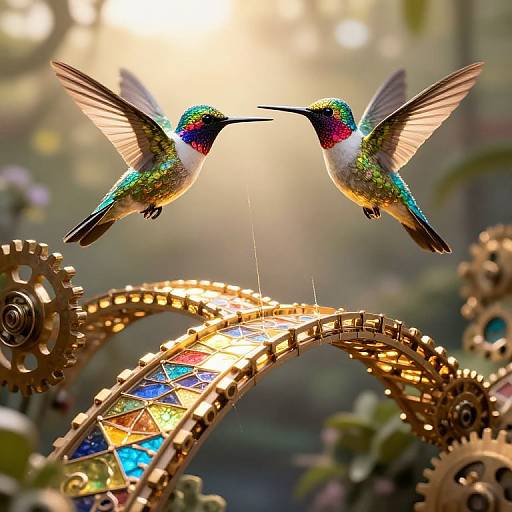 Photograph of two iridescent hummingbirds hovering above a golden, gear-like structure with a colorful glass mosaic, sunlight filtering through.