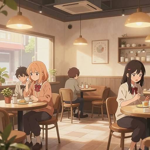 Anime-style digital drawing of a cozy café with four students, two girls and two boys, sitting at wooden tables, eating and chatting, under warm,