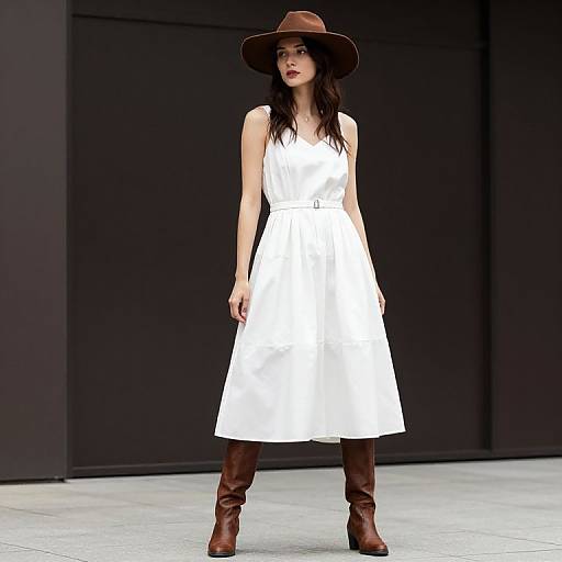 Photograph of a young woman with long dark hair, wearing a white sleeveless dress, brown wide-brim hat, and brown knee-high boots,